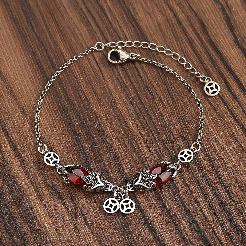 Vintage Thai silver personality fashion copper coin creative senior garnet pixiu bracelet women's br