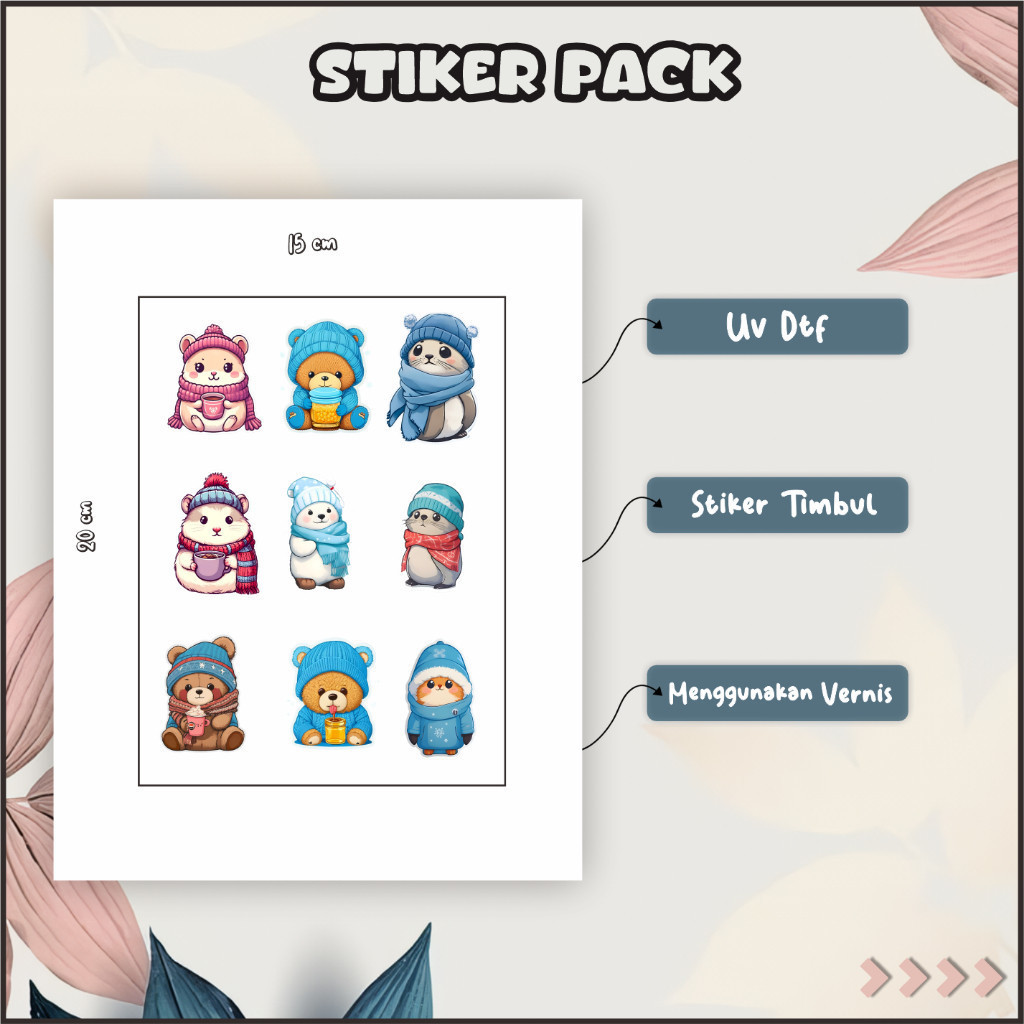 

Stiker UV DTF Pack decal kering untuk laptop helm lemari kulkas cermin Motif Bear Coklat Cream P14