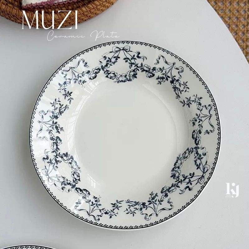 MUZI Ceramic Plate Piring Keramik Motif Bunga Biru