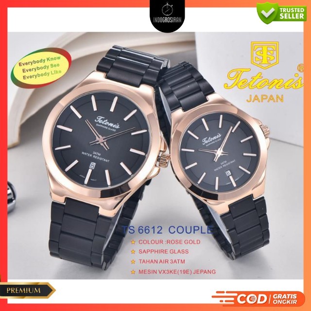 Best Seller  Jam Tangan Couple Tetonis 6612 B Tanggal Aktif Rantai Steel Original