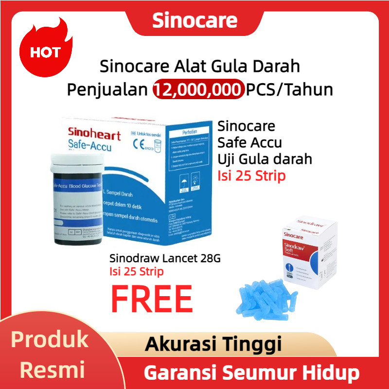 Sinocare/Sinoheart Safe Accu Strip Uji Gula Darah (25 Strip) Strip Uji Gula Darah BONUS JARUM