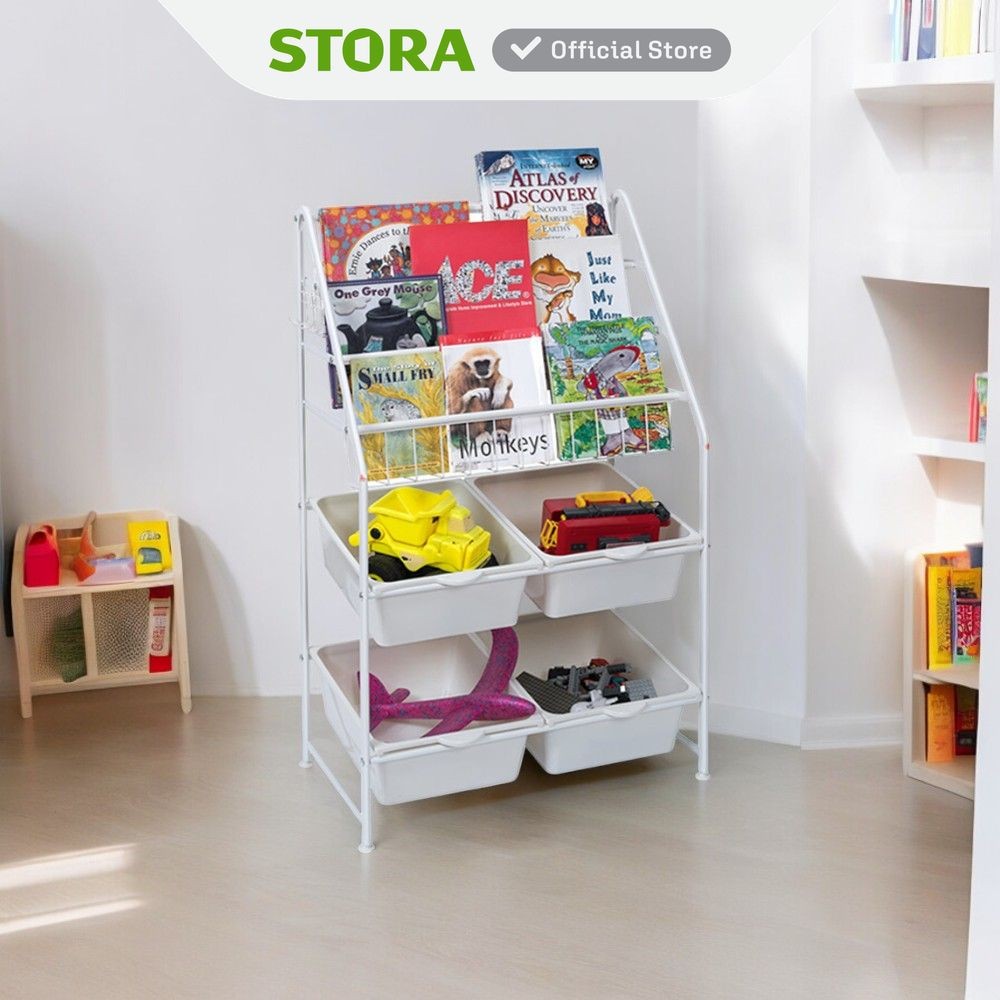 Stora Rak Buku Anak Dengan 4 Tray Plastik - Putih Bookshelf Books Storage Cabinet Kabinet Tempat Buk