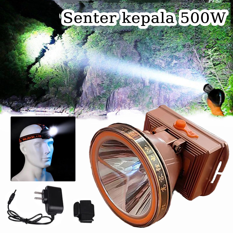 Senter kepala super terang / Senter kepala 500 watt /  anti air / Daya tahan baterai yang tahan lama
