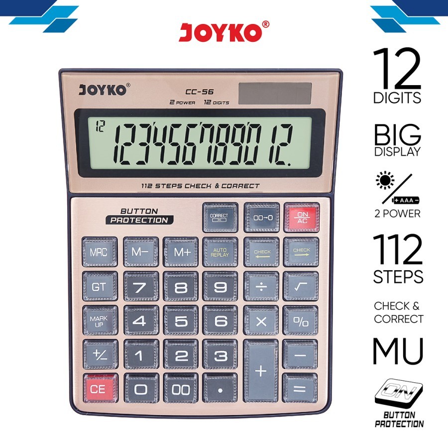 

KALKULATOR CHECK / CEK ULANG JOYKO CC-56 CALCULATOR 12Digit ALUMUNIUM SURFACE & BUTTON PROTECTION