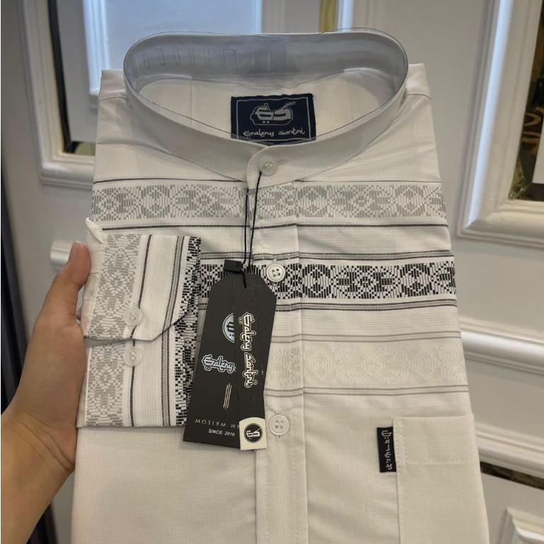 PROMO Baju koko Kemeja Sanghai Katun Songket Putih Polos Pria Dewasa Lengan Panjang  - Baju koko put