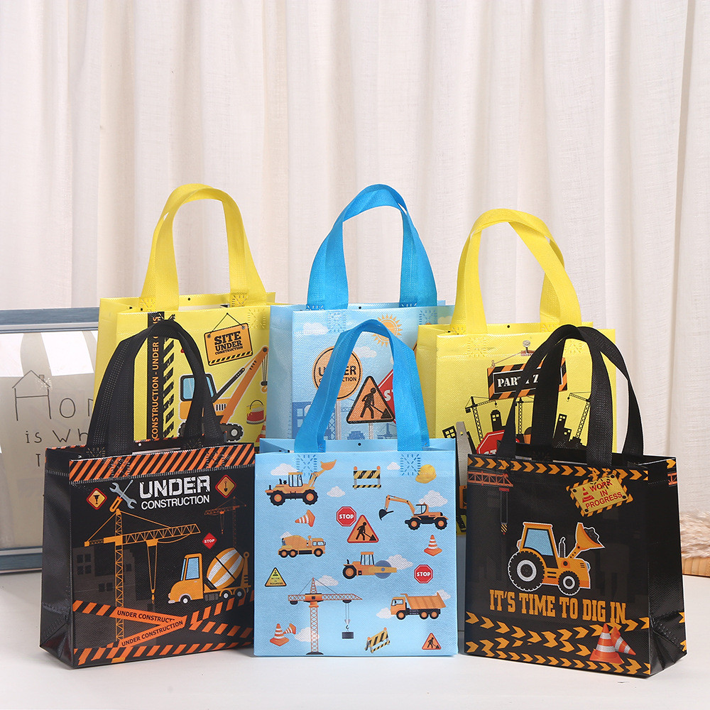 

6Pcs Cartoon Construction Party Gift Packing Bag Excavator Non-Woven Shopping Tote Bag for Kids Birthday Baby Shower Party Decor