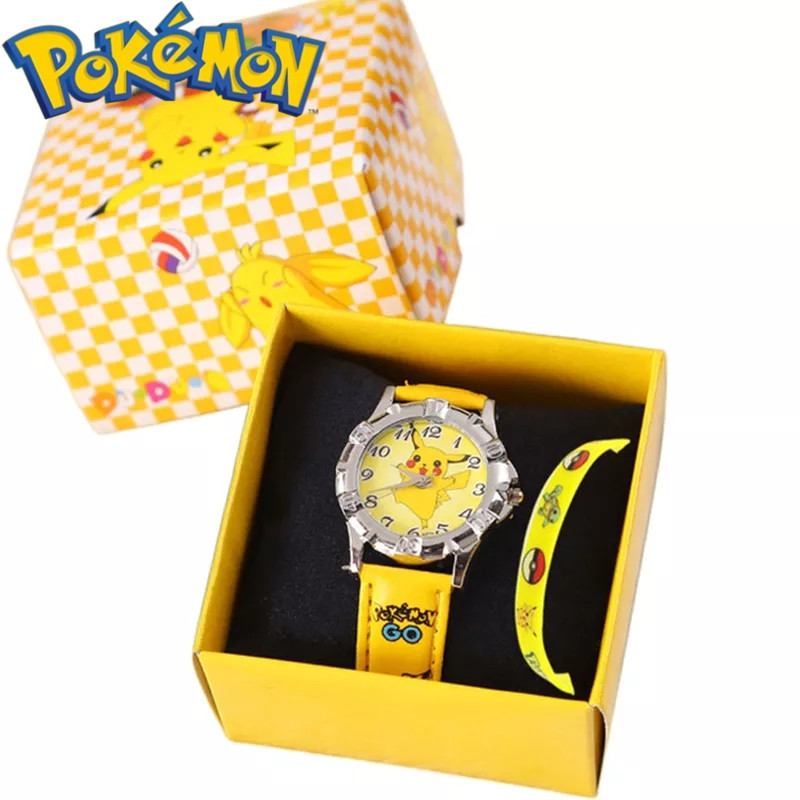 

2pcs Set Anime Pokemon Pikachu Silicone Watch With Bracelet kids Quartz Wrist Cartoon Figure Boys Girl Watch Bracelet Gift Toys