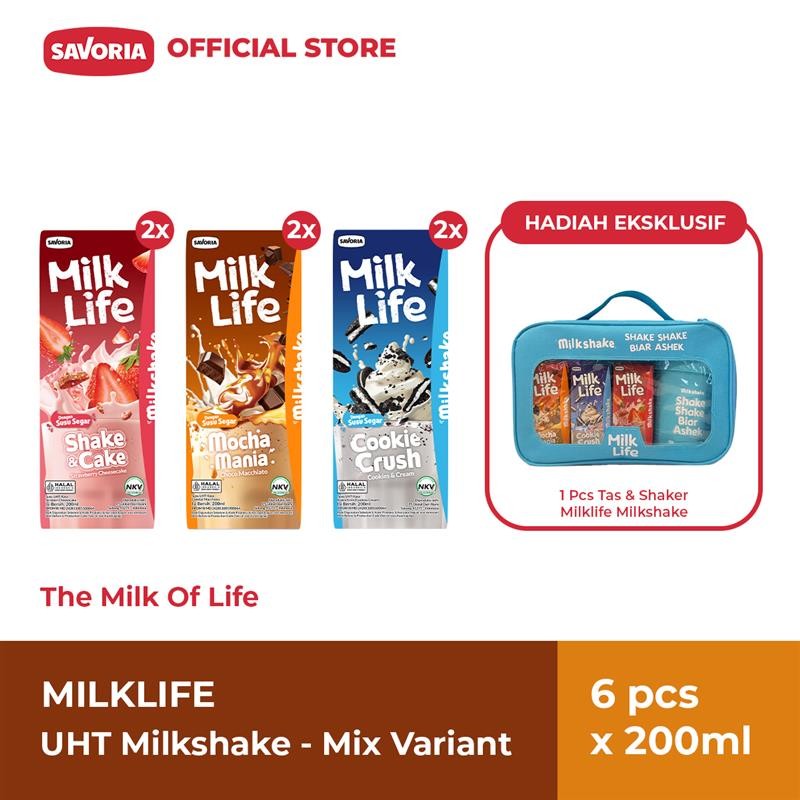 

MilkLife UHT Milkshake Mix Variants 6 Pcs x 200ml + Gratis Tas & Shaker