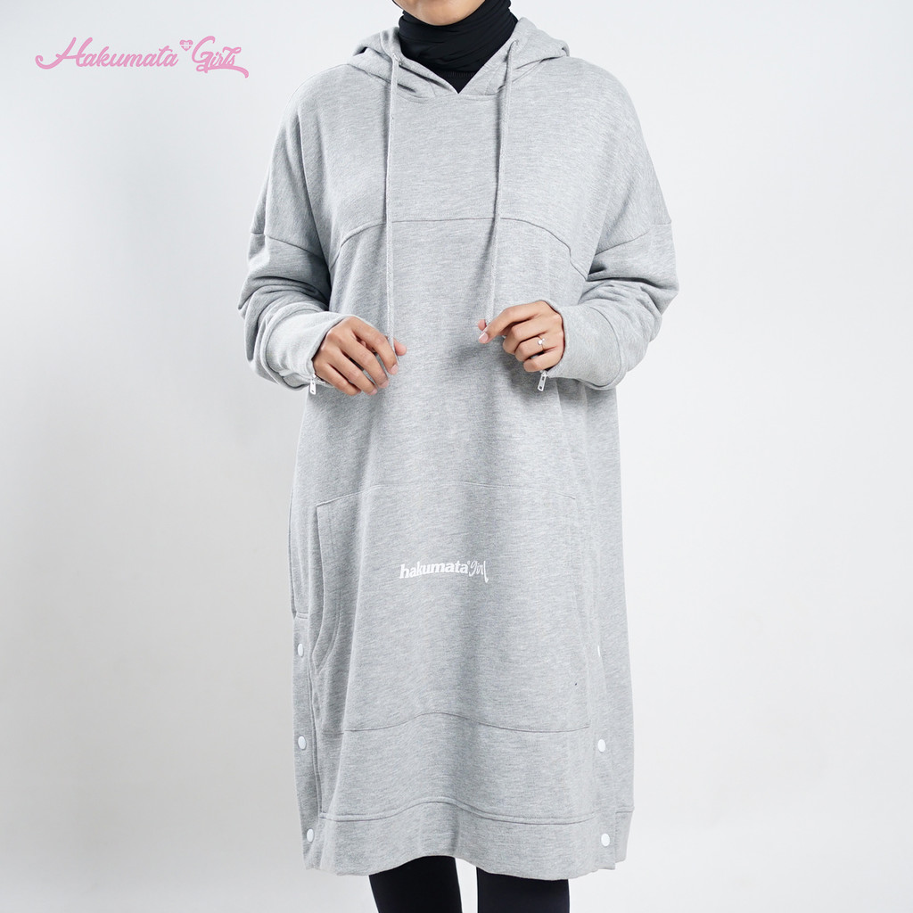 Hakumata Girl - Longhood - Sweater Long Dress Grey Wanita - Dress Tunik Hoodie Cewek