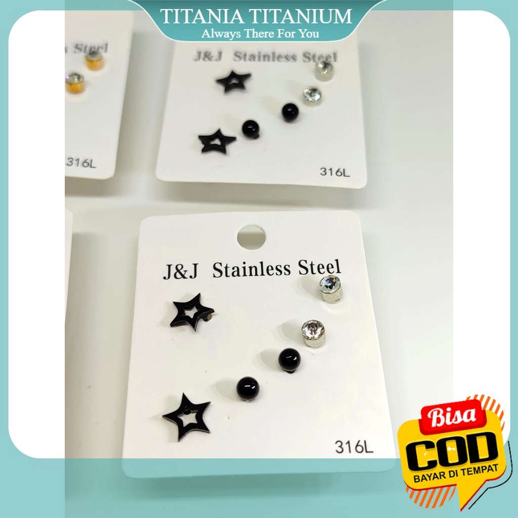 TITANIA AYO COD. Anting Tusuk 6 Pcs (3 pasang) Warna HItam Keren Fashion Ala Korea Set anting fashio