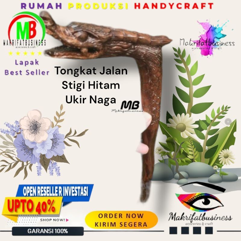 MAKRIFATBUSINESS tongkat jalan kayu stigi hitam ukir naga