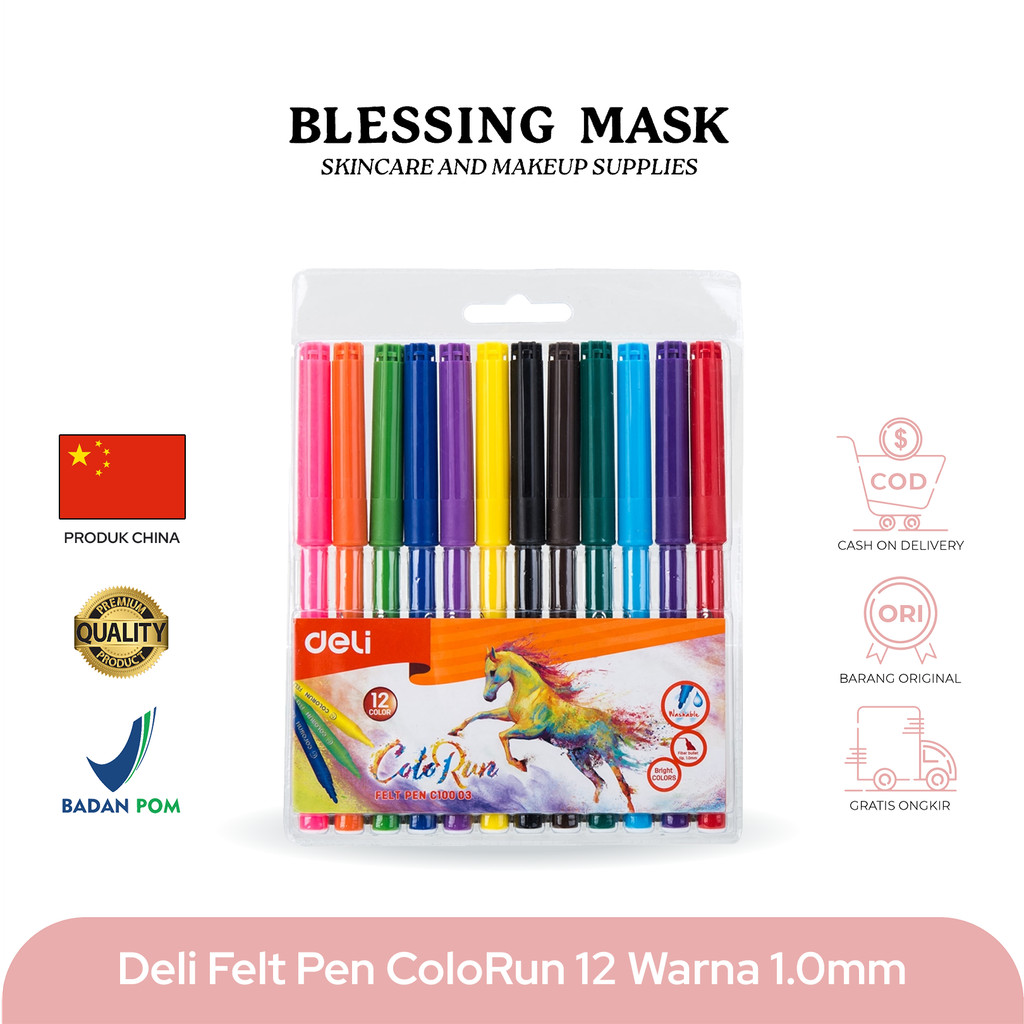 

Deli felt pen 12 colors / spidol pen cuci Warna Bullet Tip 1.0 mm Non-Toxic Mudah Dicuci - Blessingmask ACC