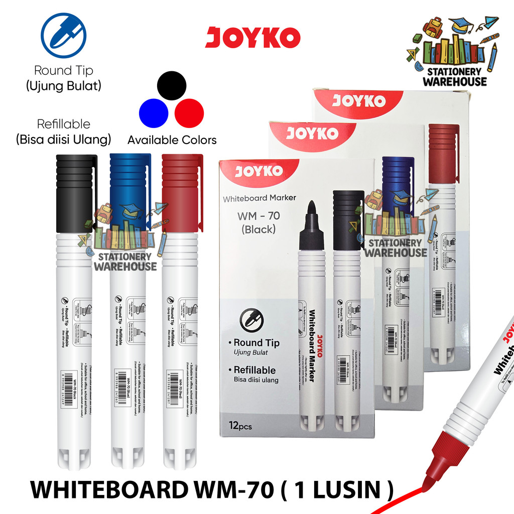 

Whiteboard Marker Spidol Papan Tulis Dapat Dihapus Joyko WM-70 1 LUSIN ( 12 PCS ) Black Blue Red