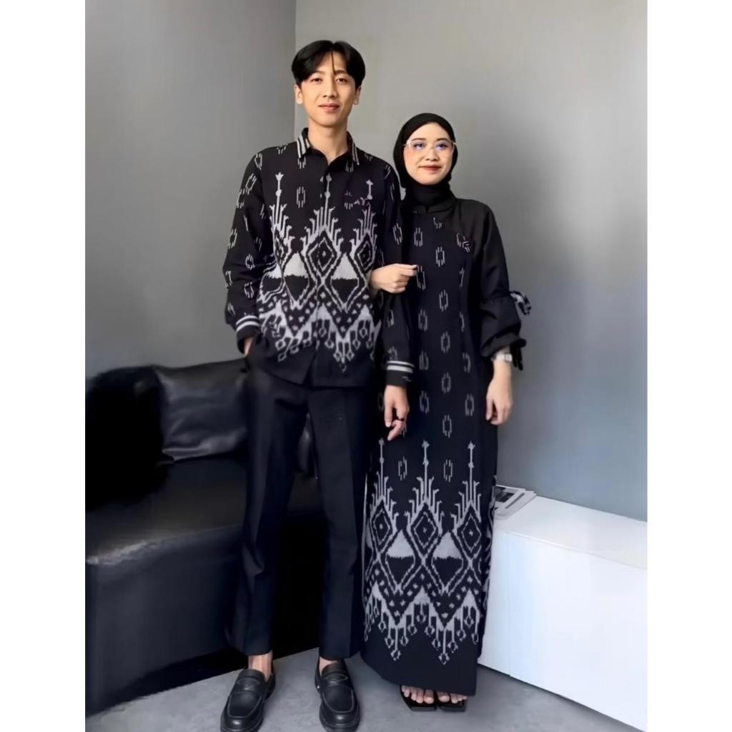 SET COUPLE TENUN AZELLA DRESS HITAM TENUN COUPLE LEBARAN BAJU PASANGAN BAJU KONDANGAN / BAJU COUPLE 