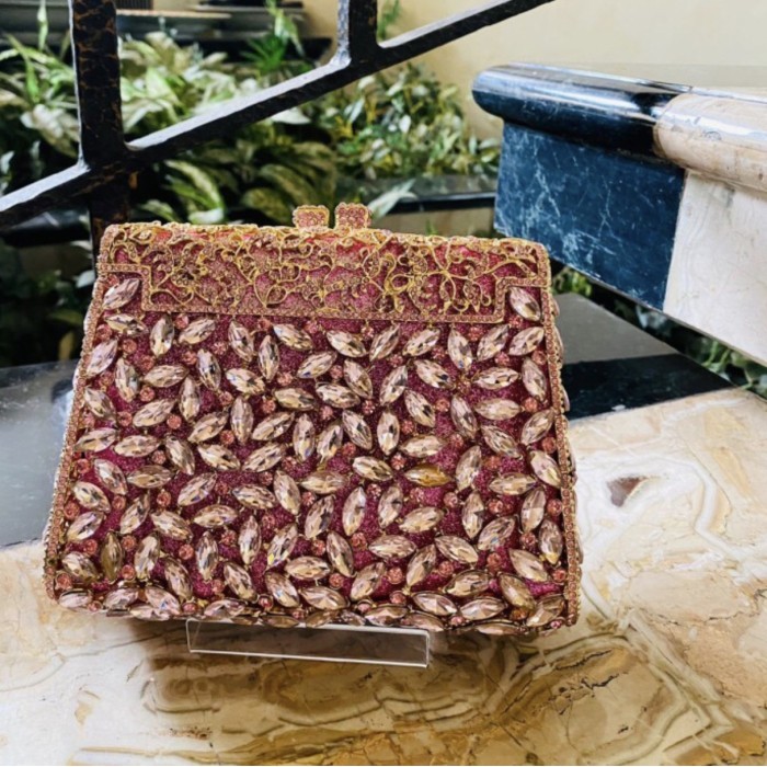 Rossini Tas Pesta Clutch Swarovsky Mewah Cantik Elegan Pink AA