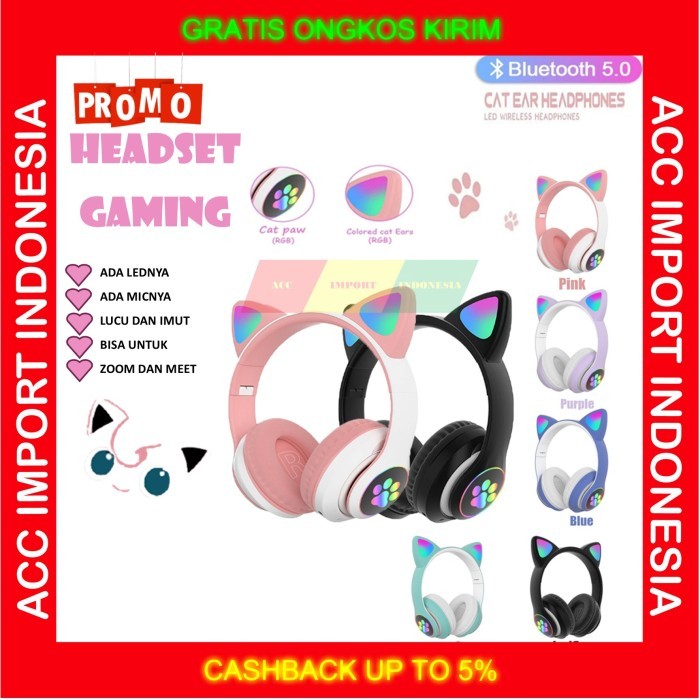 Headset Bluetooth Motif Telinga Kucing STN Headphone Cat Ear Pink Zoom - Hitam