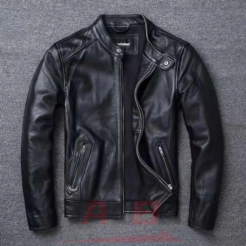 Men Cafe Racer Jackets Black Vintage Motorcycle Jacket  Retro Stand Collar Motorbiker Cowhide Leathe