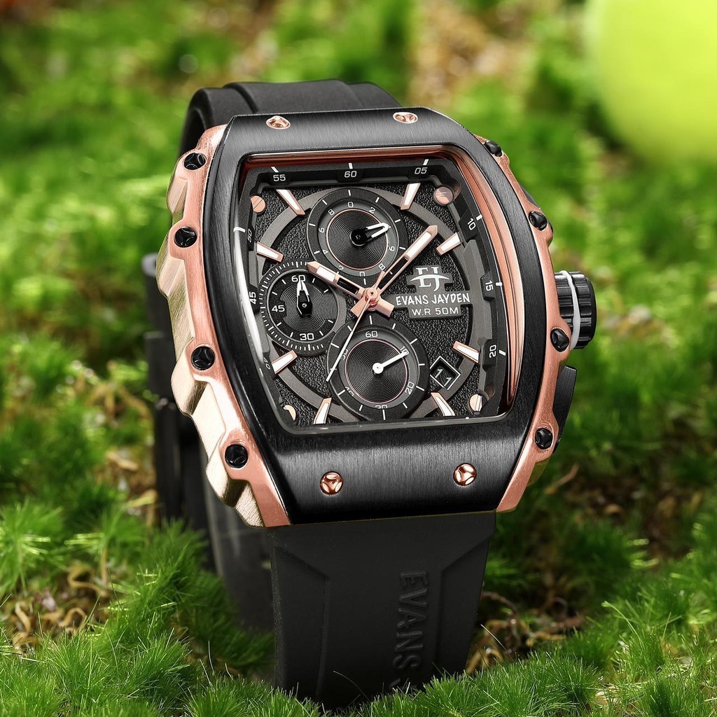 [ DISKON ] Evans Jayden Jam Tangan Pria 9599 Rubber Kaca Safir Chrono 5 ATM