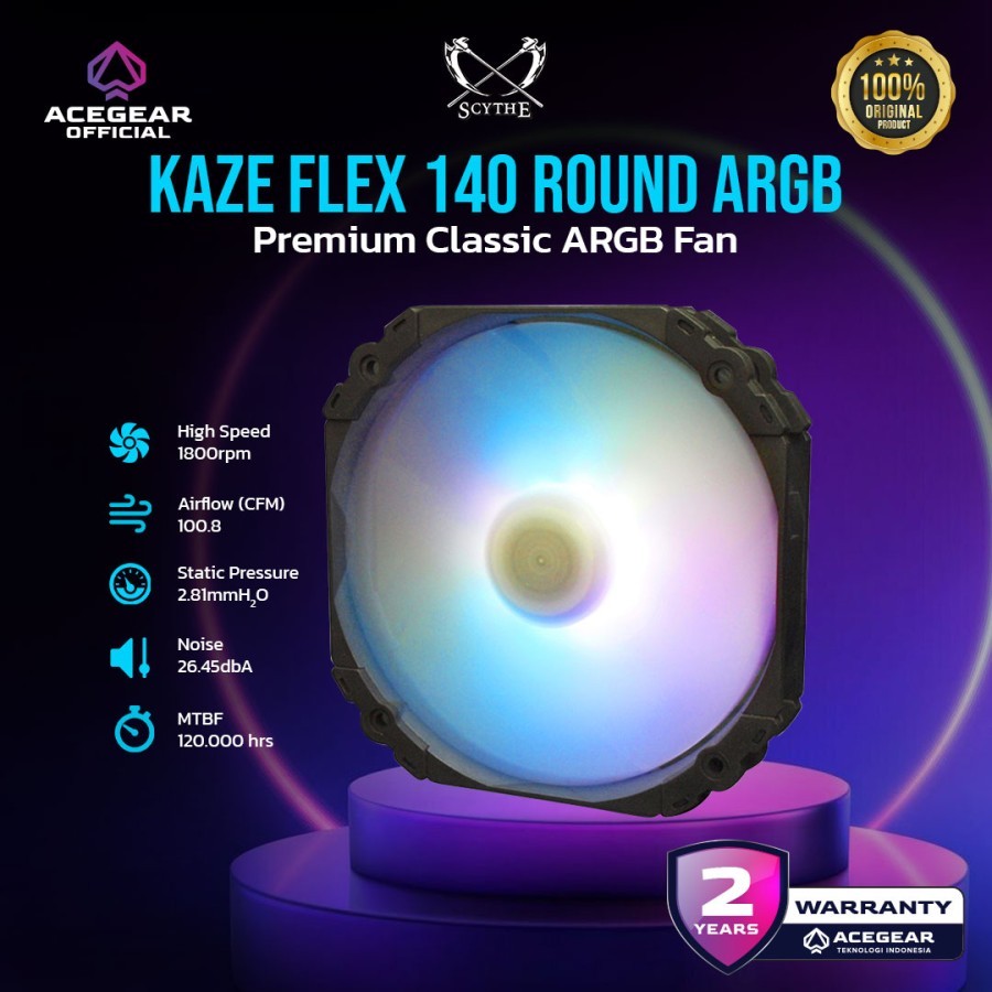 Scythe Kaze Flex 140 ARGB PWM Round Fan Case Silent 1800 RPM 140mm Kipas Casing