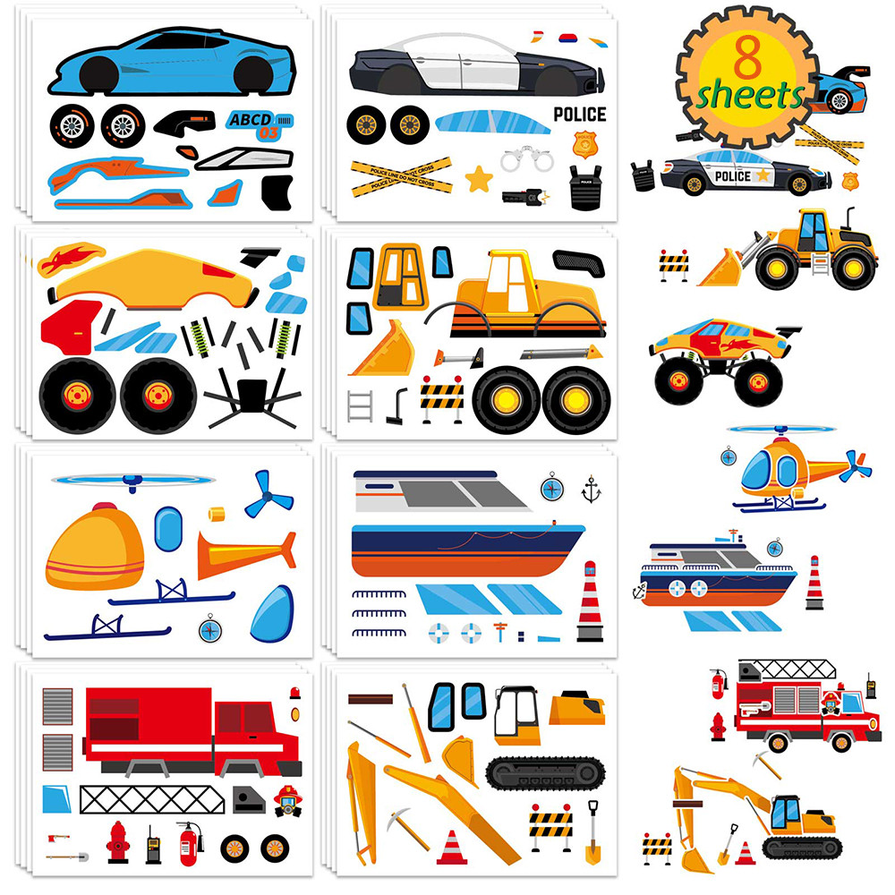 

8/16Sheets Children DIY Puzzle Stickers Make Truck Engineering Vehicle Car Funny Assemble Jigsaw Kids Game Educational Toys Gift