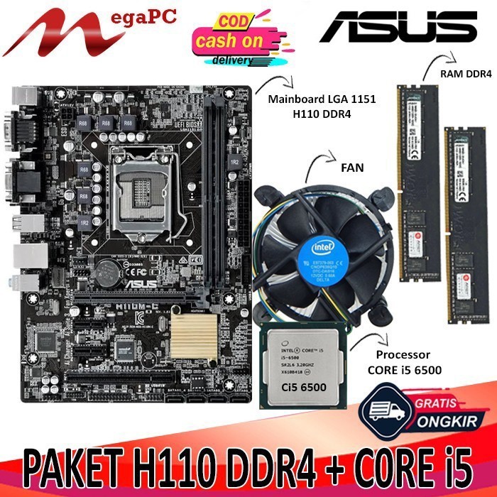 Paket Motherboard Socket LGA 1151 H110 DDR4 + Core i5 6500 + FAN + RAM