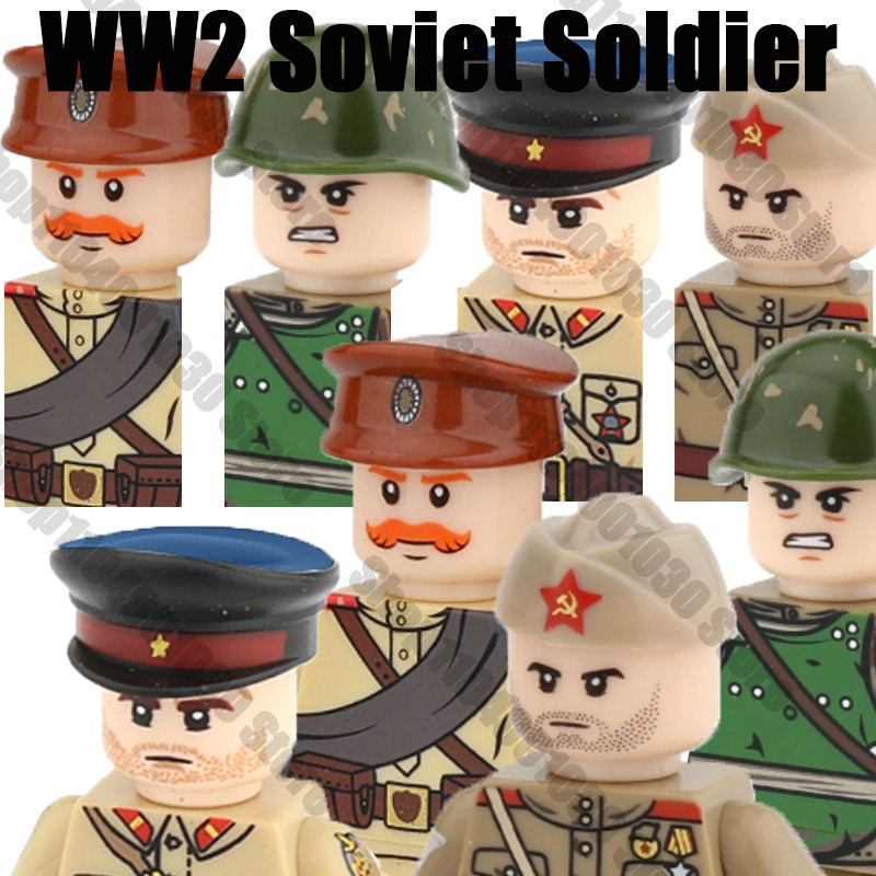 WW2 Military Soviet Union Officer Soldier Figures Building Blocks WW1 Army Warrior Infantry Gun Helm