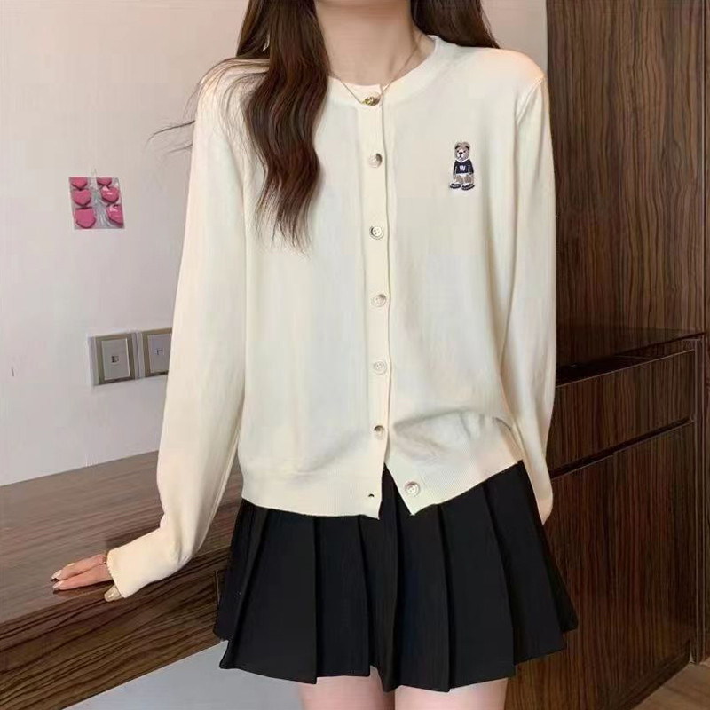 Jaket Rajutan Lengan Panjang Pendek Wanita Jaket Gaya Prancis Jaket Rajutan Bordir Beruang Kecil YP