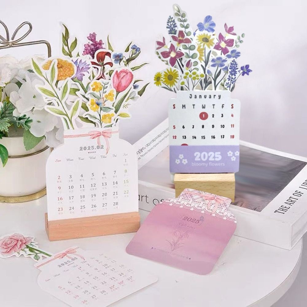 

2025 Bloomy Flowers Desk Calendar Mini Calendar Standing Desk Calendar Vase-Like Desktop Monthly Planner for Home School Office