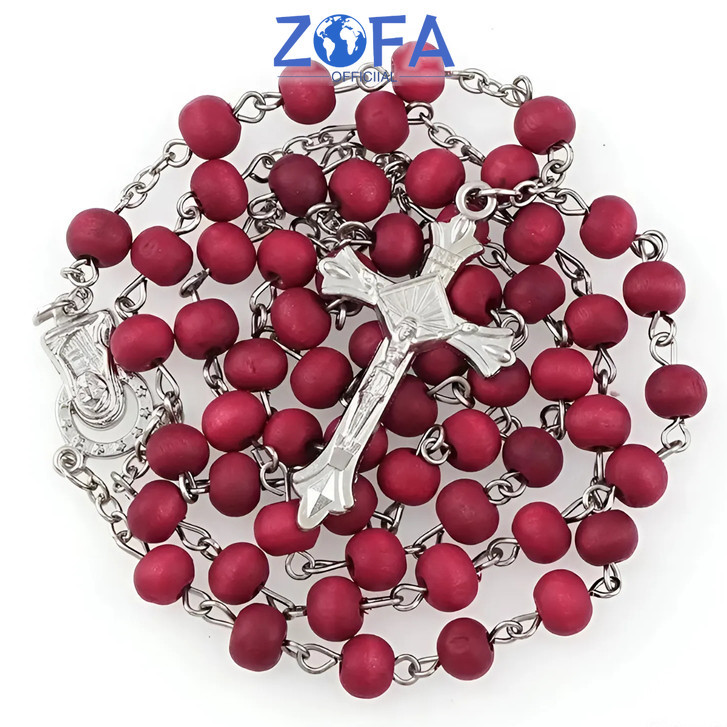 Kalung Rosario 77 Doa Bapa Kami dari Kayu Wangi, Salib Benediktus, Pilihan Warna Hitam atau Merah
