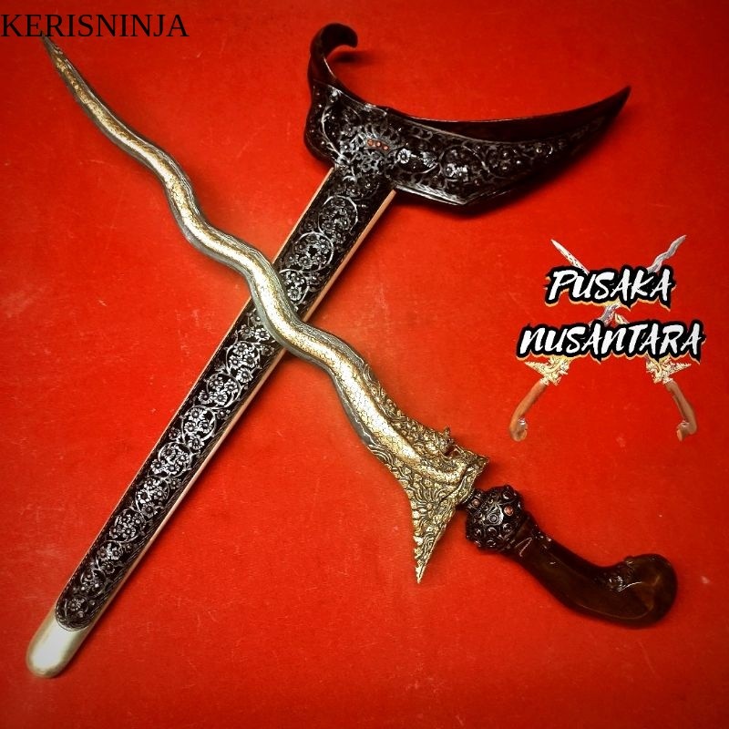 Keris Nogo / Naga Sapto / Sapta Luk 7 Pamor Kulit Semongko Warangka Full Block Kerawang Batu Yakut N