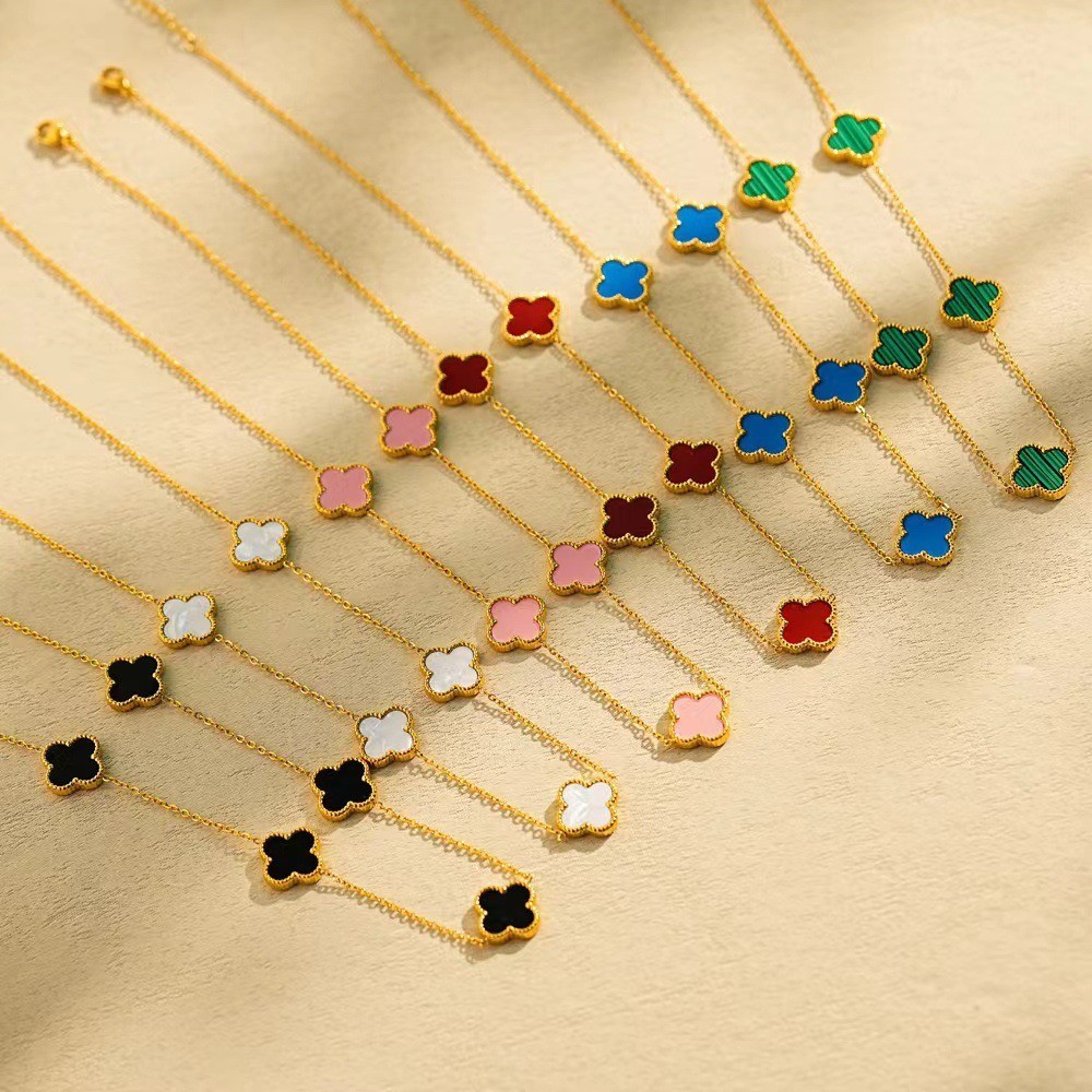 Hexi Jewelry Set Perhiasan Wanita Mewah Clover Kalung Titanium Gold Anting Asesoris Wanita