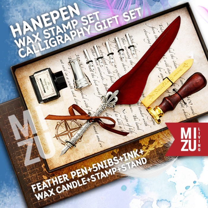 

MIZU HANEPEN WAX SEAL Calligraphy Set Feather Pen Bulu 6 Nibs Stempel - Ungu HOTM