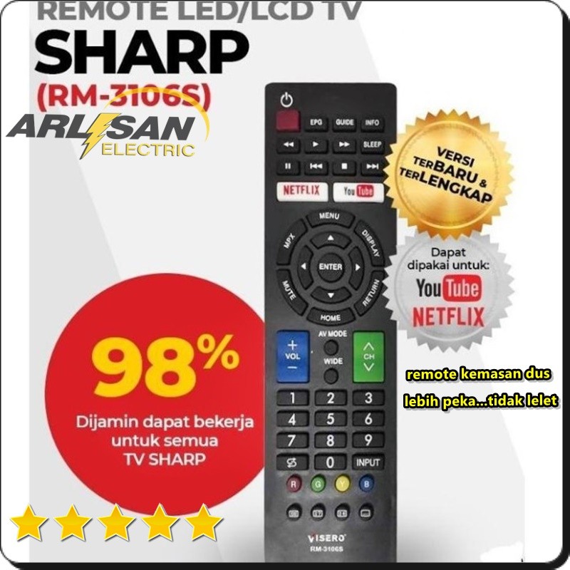 Remote Tv Sharp Smart  Tv Aquas Lcd Led 24 32 40 42 inch Langsung Pakai Remot Visero Rm-3016S Kemasa