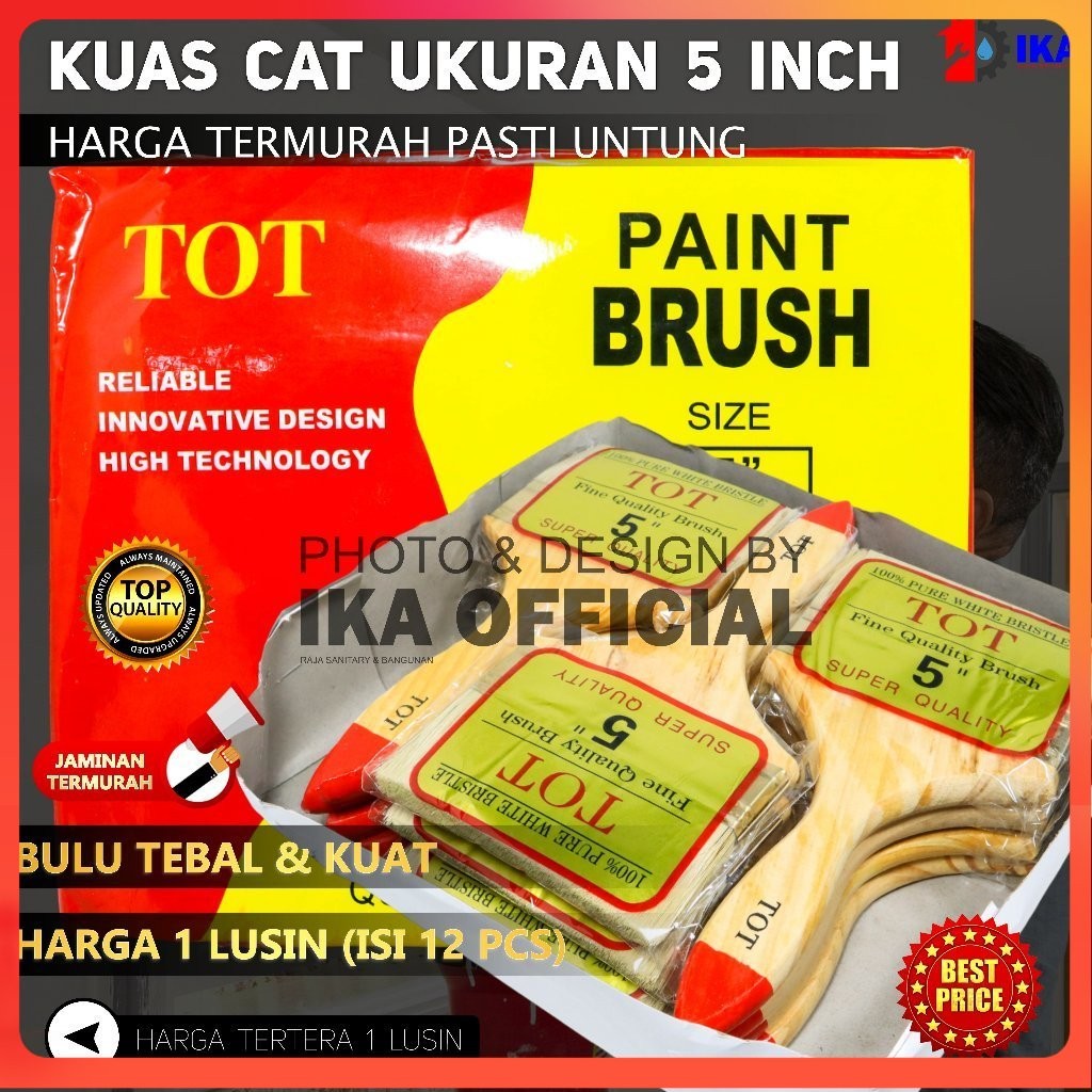kuas cat 5 " inchi 1Lusin kuas gagang kayu gagang pvc acak merk 5 Inchi harga 1box 12pcs harga grosi