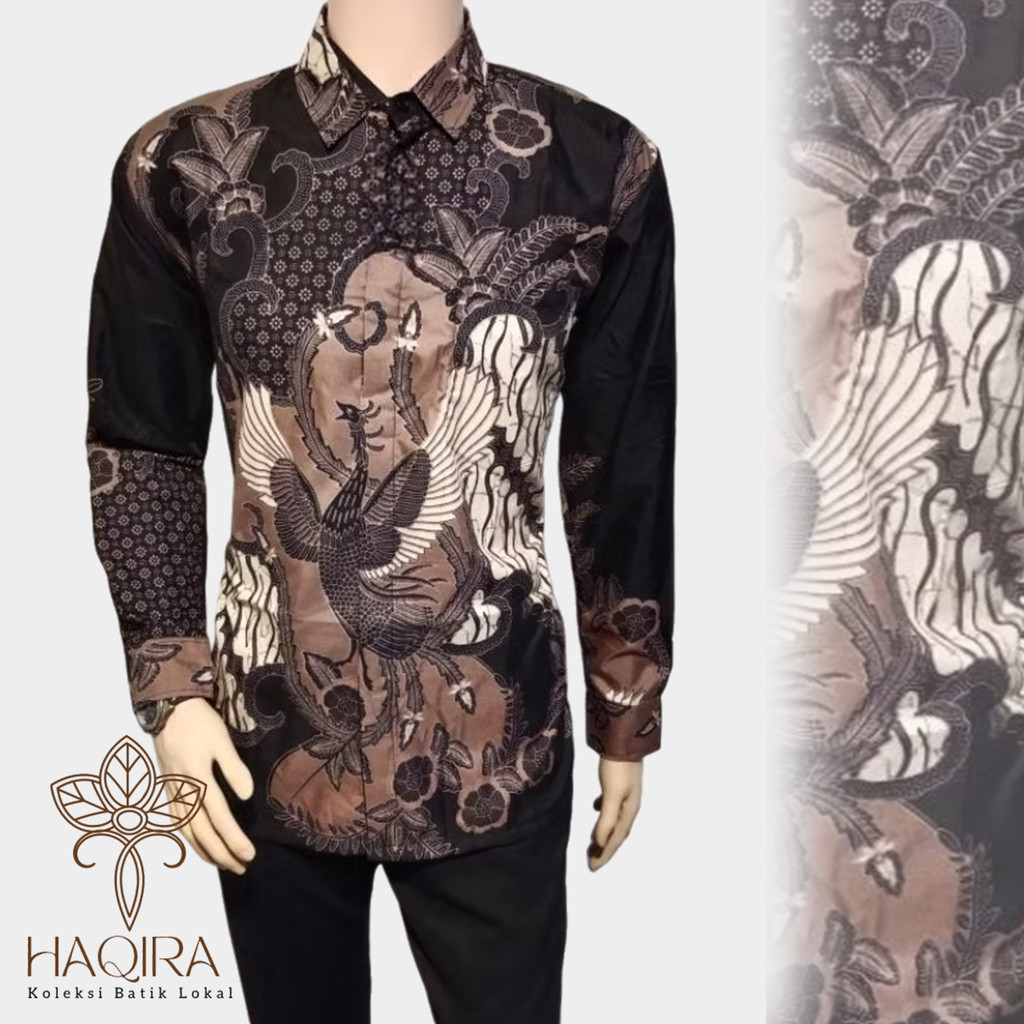 Kemeja Batik Pria Lengan Panjang Premium | kemeja batik pola manuk ireng  l batik sogan hitam l bati