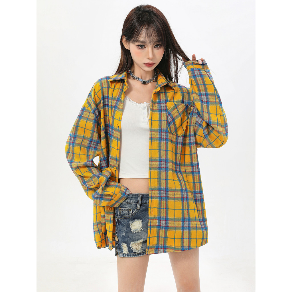 Jaket kemeja kotak-kotak kuning retro Amerika kemeja wanita