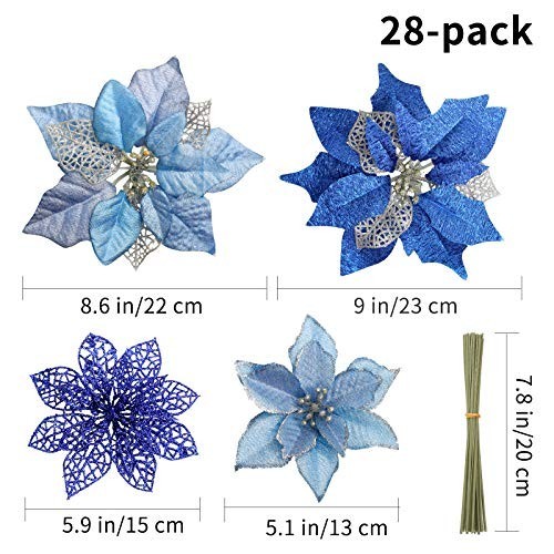 

FUNARTY 28 Pcs Assorted Christmas Blue Glitter Poinsettia