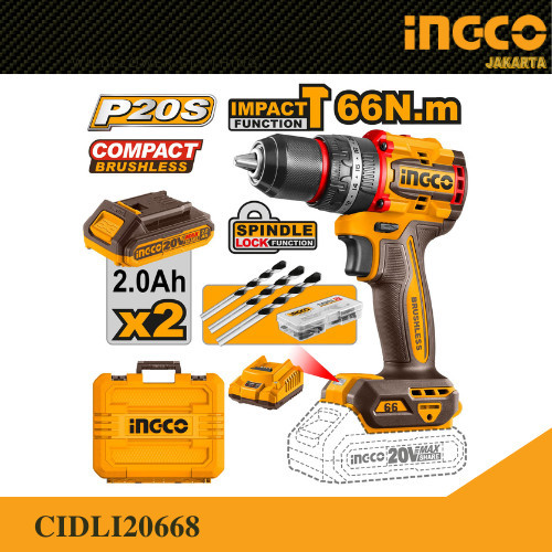 Bor Impact Baterai 20V P20S Brushless Impact Drill (66Nm 13mm) INGCO CIDLI20668 Bor Compact Cordless