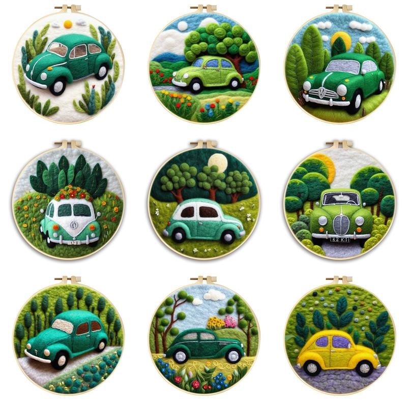 

CHENISTORY Felt Needle Wool Painting With Embroidery Frame Kit DIY Felt Crafts Package Green Car For Wall Art Picture Home Decor