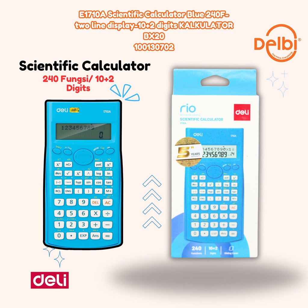 

Kalkulator Scientific Deli 1710A Fancy Trendy 240 Fungsi E1710A Scientific Calculator Blue 240F-two line display-10+2 digits KALKULATOR BX20