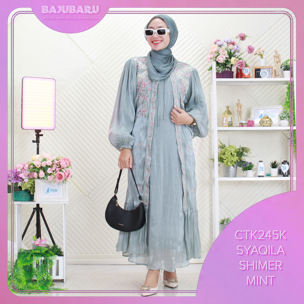 Syaqila Gamis Putih Shimmer Bordir Timbul Cardi Nyatu Lengan Balon