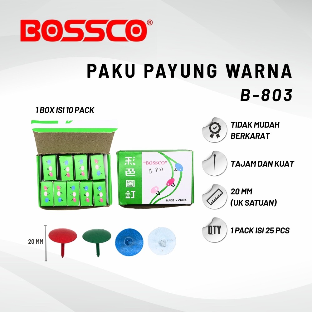 

1 box isi 250 Paku Paku Payung Warna BOSSCO / BOSSCO Color Thumb Tacks / BOSSCO Color Pines