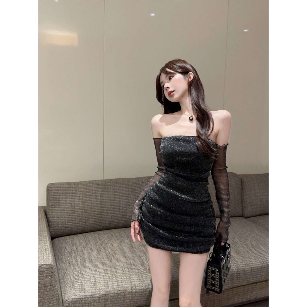 Dress Seksi Wanita, Rok Pinggul Off Shoulder Lengan Panjang Dress