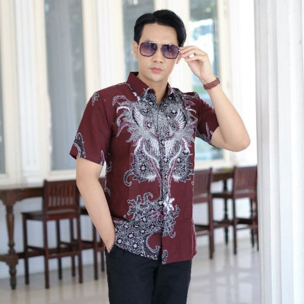 Kemeja Hem Baju Batik Pria Lengan Pendek motif Layangan Maron Katun