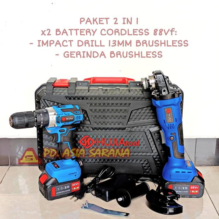 PAKET Cordless Gerinda Impact Drill 88Vf Set Brushless HUJIA 2521+2021