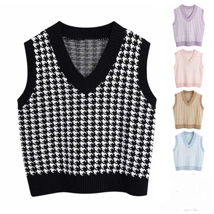 Jennie Vest Rajut Houndstooth PREMIUM / Jennie Blackpink Vest Rompi Knit Rajut Wanita Tebal Vneck - 