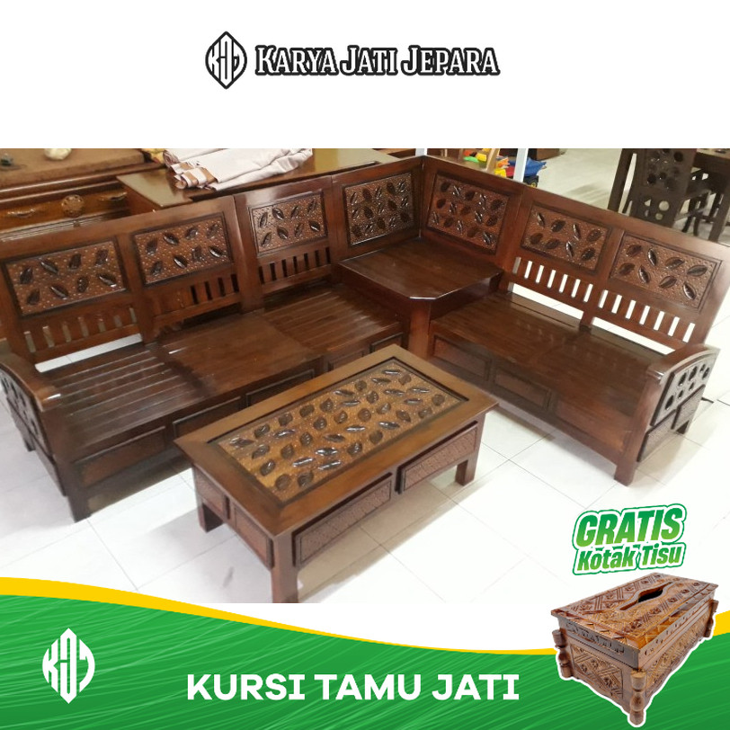 Set Kursi Tamu Sudut Jati Minimalis Motif Ukir Daun Mebel Jati Grade A Jepara
