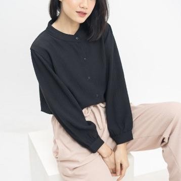 SALE - Bless Reva Kemeja Atasan nita Lengan Balon Kerah Bulat Crinkle Baju  Top  Panjang  Kancing  C