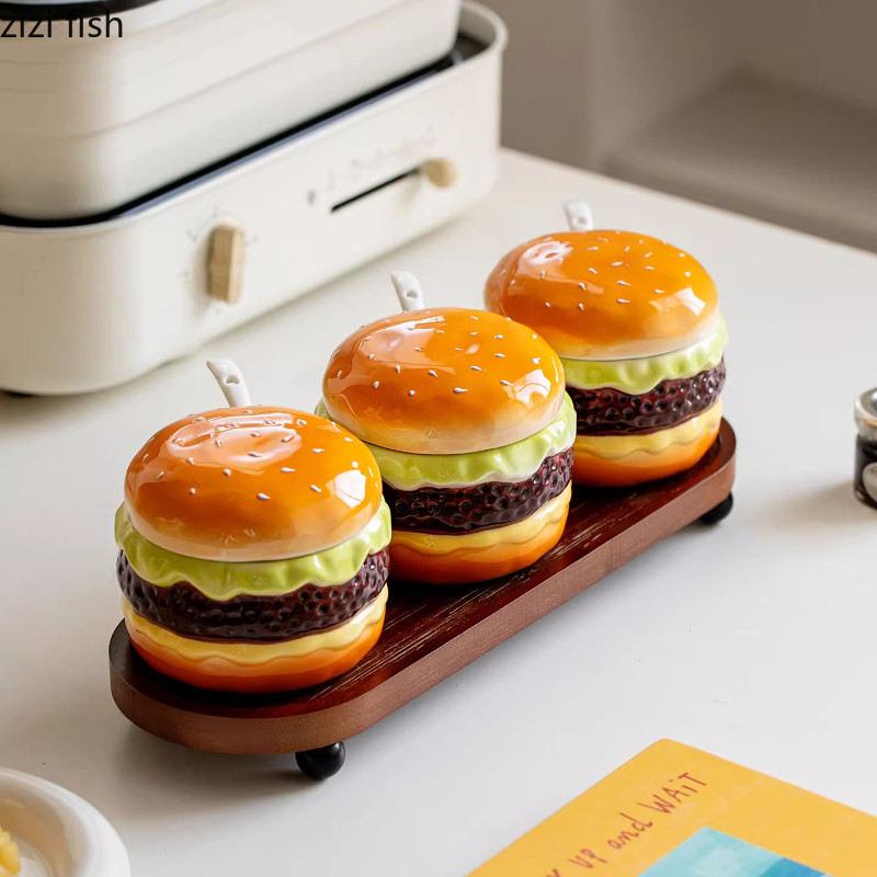 Hamburger Ceramic Spice Jar Salt Jar Seasoning Jar Set Sugar Bowl Seasoning Bottle Spice Container F