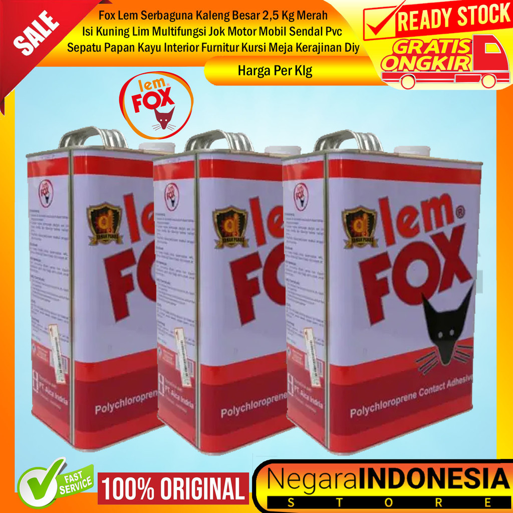 

Fox Aybon Aibon Kaleng 2,5 Kg Merah Adhesive Biru Kuning Lem Galon Kayu MDF Triplek Triplex Papan Furnitur Perabot Interior Eksterior Industri Sepatu Jok Karpet Kulit Karet Lempox Lempok Cairan Kertas Serbaguna ANN Perekat Proyek Tukang